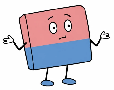 Useless, a pink-and-blue eraser with googly eyes