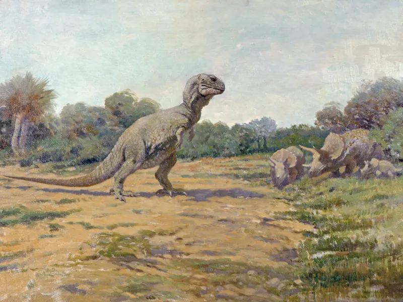 A 1919 painting of a T. rex standing upright in a green landscape, with a duck-billed dinosaur nearby