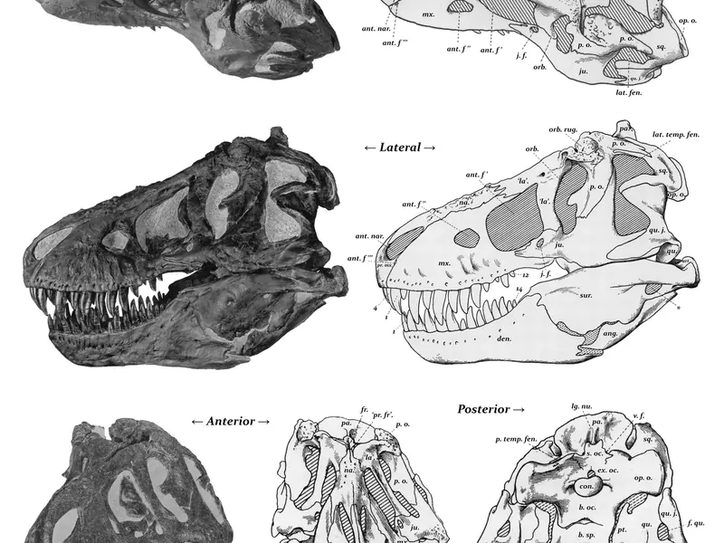 Old scientific drawings of a T. rex skull seen from the side and from above, with the bones labelled